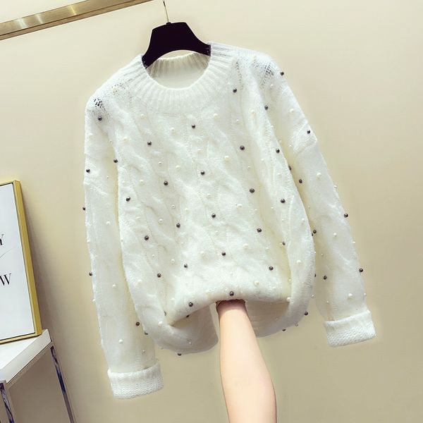 

wearing pullover sweater female handmade beads winter knitwear women's fashion knitted coat lady sweaters students pullovers top, White;black