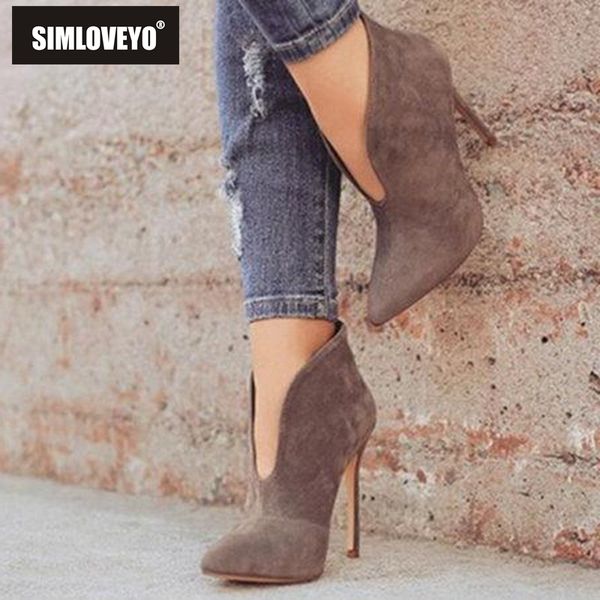 

simloveyo shoes women ankle boots thin heel 12cm solid shoes botas feminina flock botines mujer high heel boots b1116, Black
