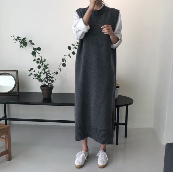 

side split warm women autumn winter long sweater knitted sundress loose o neck sleeveless vest lady dresses robe femme vestido, White;black