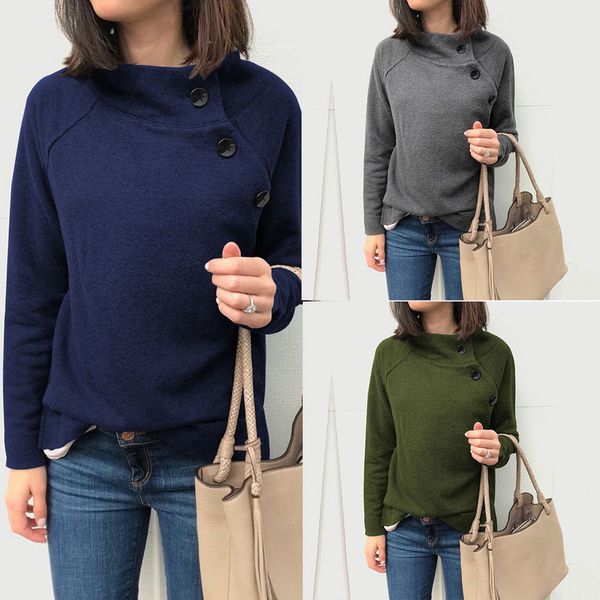 

women round neck button sweater jacket long sleeve casual sweater shirt blouse winter ty66, White;black
