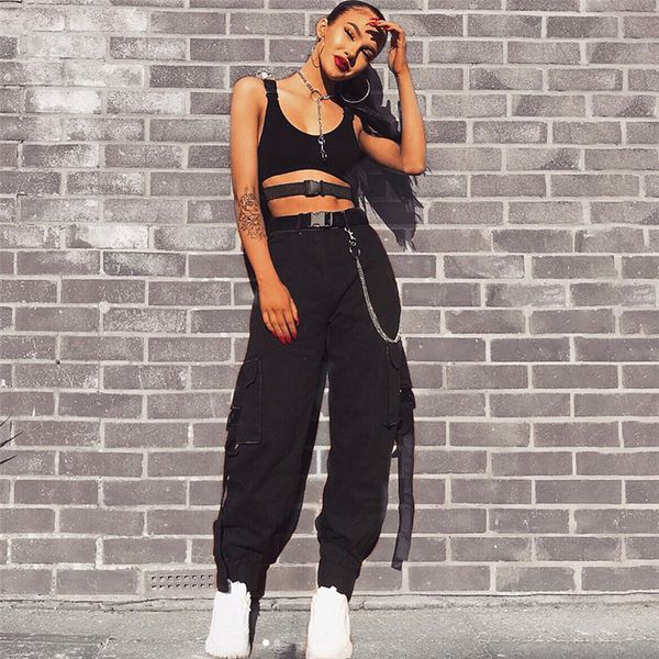 

streetwear cargo pants women casual joggers black high waist loose female trousers korean style ladies pants capri, Black;white