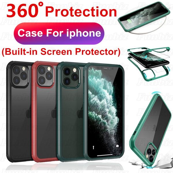 Completa resistente corpo Built-in tela de vidro temperado TPU Magro transparente tampa do telefone para iphone 11 xs pro max xr 2 em 1 caso