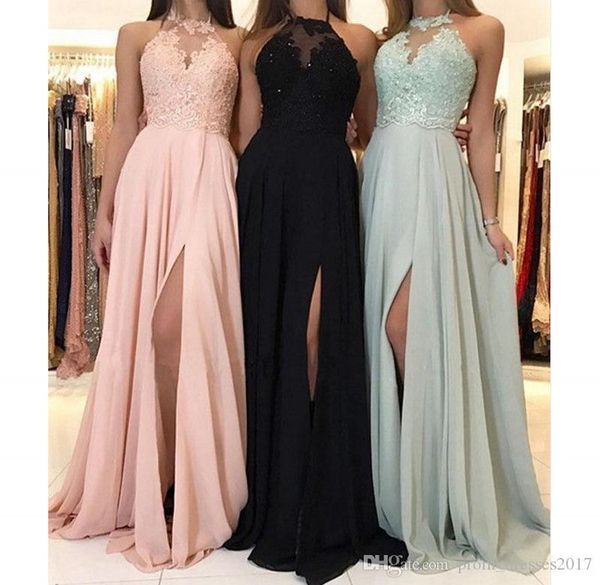

elegant halter chiffon long bridesmaid dresses lace applique split wedding guest dress maid of honor dresses, White;pink