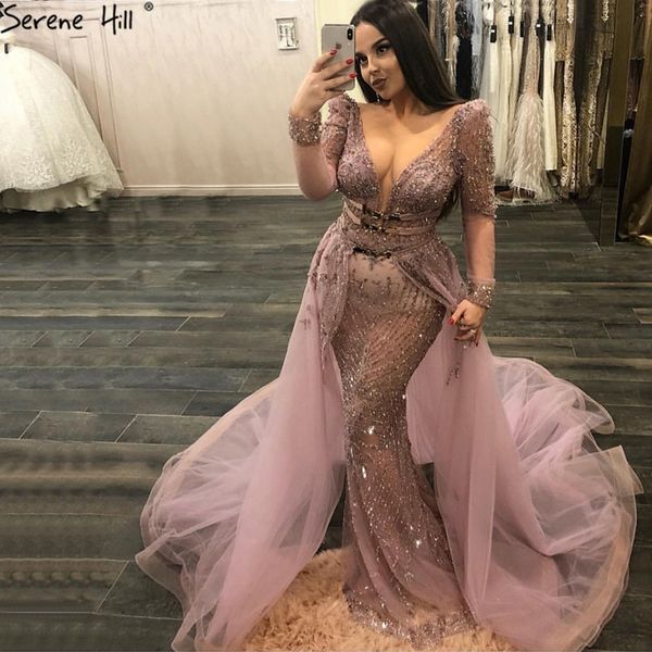 

blue dubai luxury sequined sparkle evening dresses 2019 v-neck long sleeve beading evening gowns serene hill bla60858, White;black