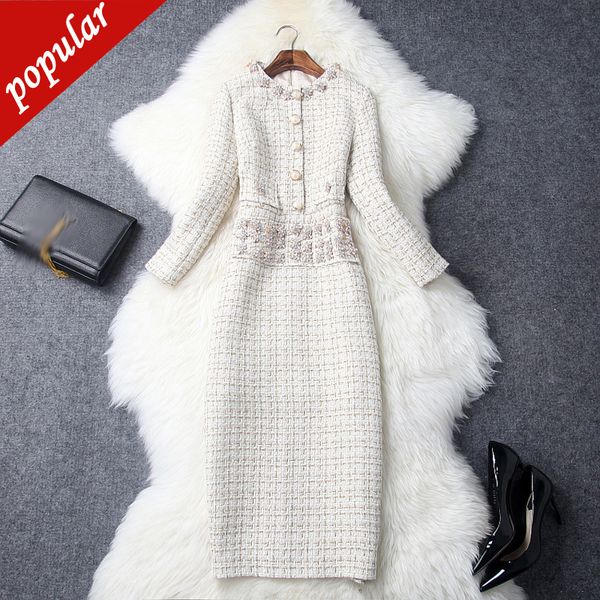 

2019 осень зима женщины старинные плед твид карандаш платья дамы горный хрусталь алмазы бисероплетение 3/4 рукав тонкий платье, Black;gray