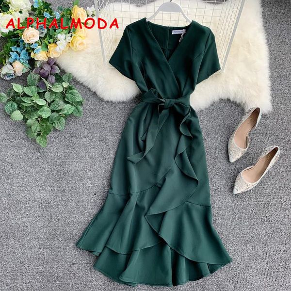 

alphalmoda 2019 summer ladies ruffled short-sleeved wrap dress v-neck high waist solid graceful women sashes vestidos, Black;gray
