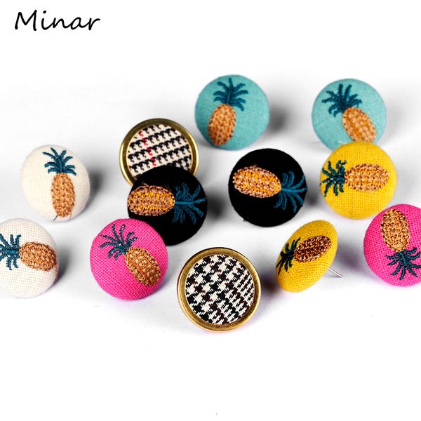 

colorful embroidered pineapple earrings for women cute fruit summer earrings stud round button trendy gifts for girls, Golden;silver