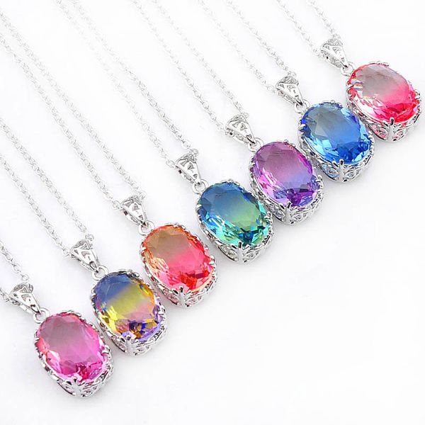 

christmas gift rainbow pendants oval vintage bi colored tourmaline 925 sterling silver plated necklace women jewelry australia us holiday