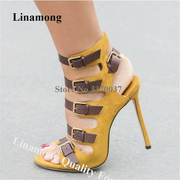

linamong western fashion open toe brown straps stiletto heel gladiator sandals pacthwork cut-out buckles high heel sandals heels, Black
