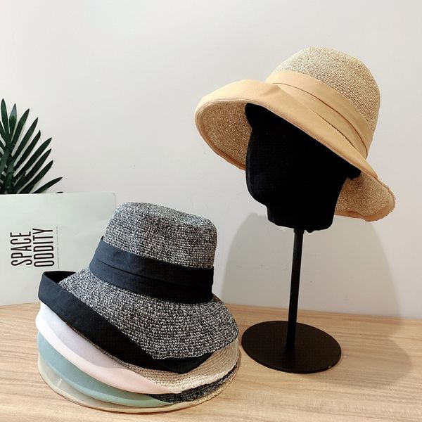 

xrlmw 2020 papyrus crocheted women's summer sunscreen cotton and linen curling cloth sunscreen straw straw hat and grass splicing basin, Blue;gray