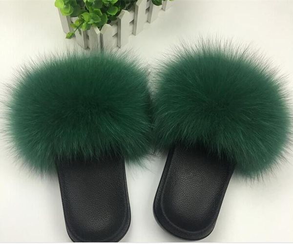 

2019 fox hair slippers women fur home fluffy sliders plush furry, Black
