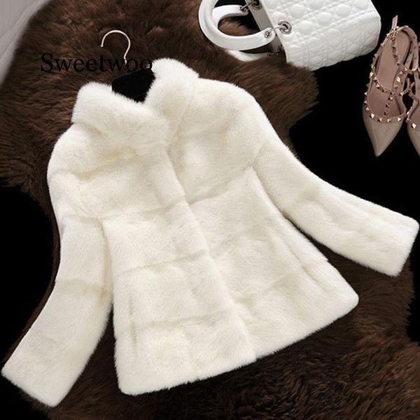 

stand collar faux fur jackets women elegant long sleeve fur coats outerwear 2020 winter faux for coat, Black