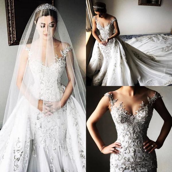 

luxurious gorgeous beaded lace arabic mermaid wedding dresses with detachable skirt bridal gowns country boho sheer neck wedding dress, White