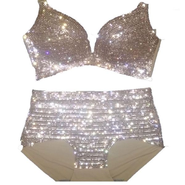 

new 2019 women diamond shining two-piece set bling stones lady beach night party set1, White