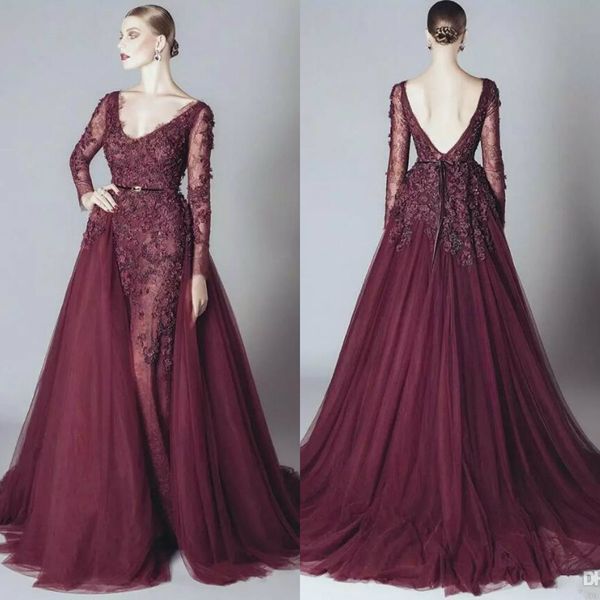 Elie Saab Elegante Abendkleider, Spitzenapplikationen, V-Ausschnitt, Ballkleider 2020, lange Ärmel, rückenfrei, abnehmbare Schleppe, Kleid für besondere Anlässe