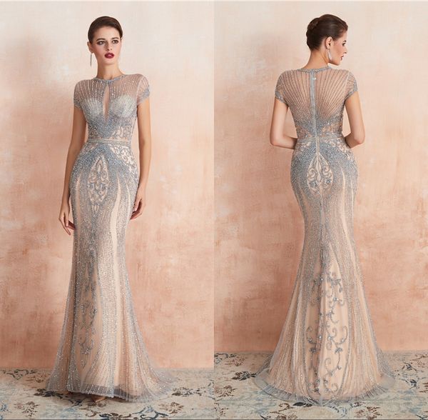 

real ps champagne full beadings evening dresses mermaid women formal gown short sleeve sheer jewel neck elegant prom party wear cps1450, Black;red