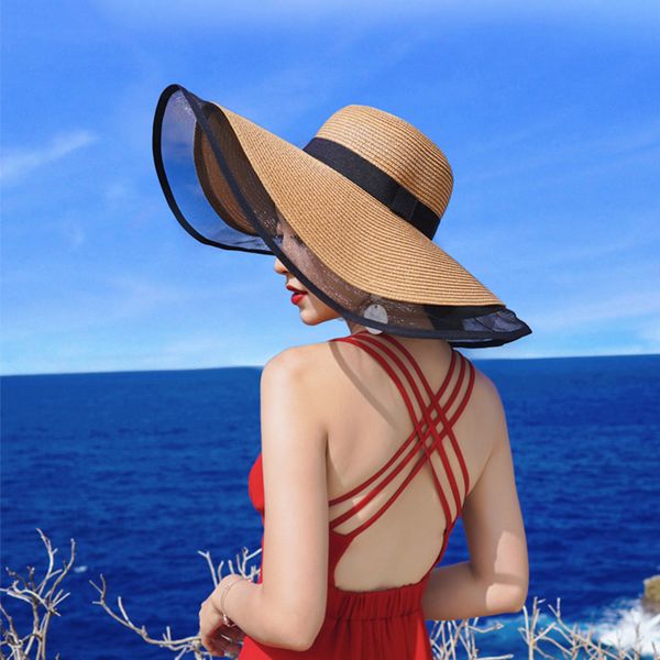 

new summer hat big wide brim straw hat for women vintage black white outdoor holiday beach caps female ribbon uv sun hats, Blue;gray