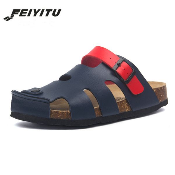 

feiyitu 2019 new summer man beach cork slippers casual men buckle pu leather cut-outs clogs slides slip on shoes plus 35-45, Black