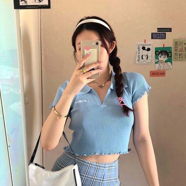 

yafeng embroidery letter short coat female 2020 all-match short-sleeved sweater t-shirt slim navel t-shirt female, White