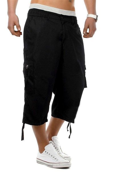 

mens конструктора карманы ленты брюки обычные прямые повседневные capris брюки solid color button fly летняя одежда, Black