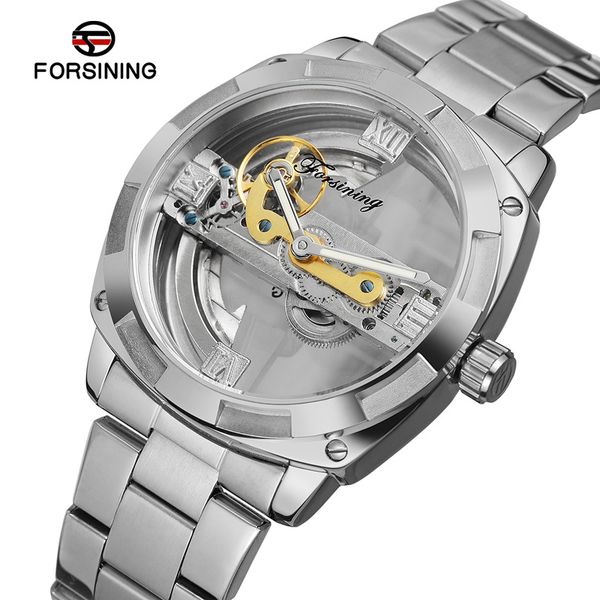 

forsining top brand men автоматические механические часы прозрачный скелет творческая индивидуальность мужской часы из нержавеющей стали, Slivery;brown