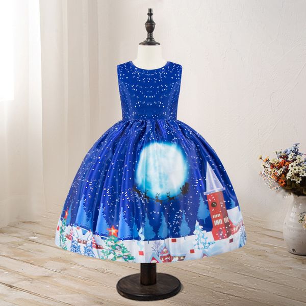 

selling 2019 new christmas children shirt cartoon formal dress christmas old man snowflake printed lace joint one piece prin, Red;yellow