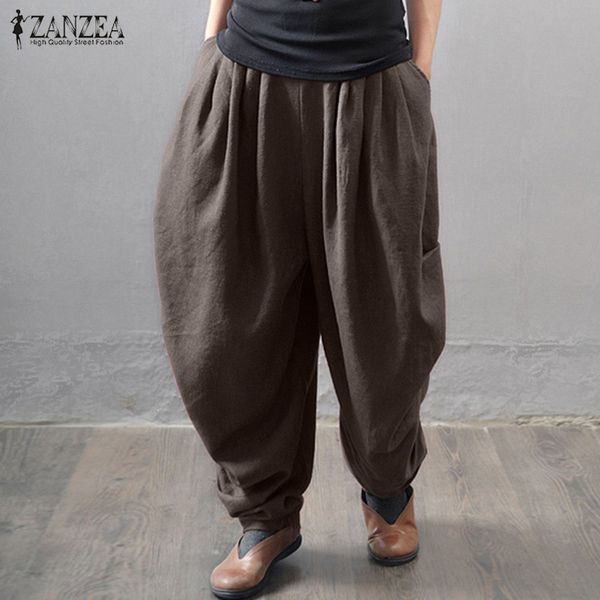 

plus size women's drop crotch trousers zanzea 2020 spring harem pants casual elastic waist long pantalon female solid turnip, Black;white