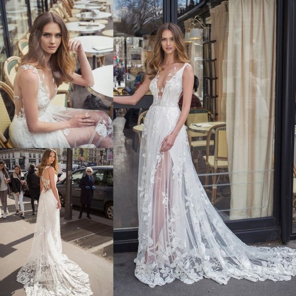 

stylish bohemian beaded beach wedding dresses sheer deep v neck lace bridal gowns a line sweep train tulle side split robe de mariÃ©e, White