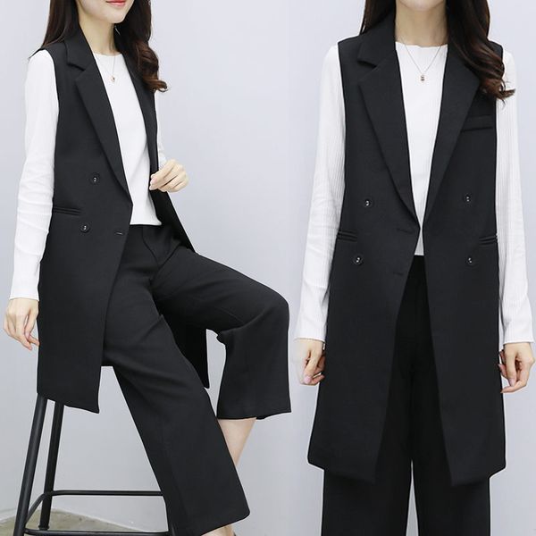 

autumn new style plus size 6xl women's suit vest long fashion double-breasted vest jacket for office ladies sleeveless blazer f2, Black;white