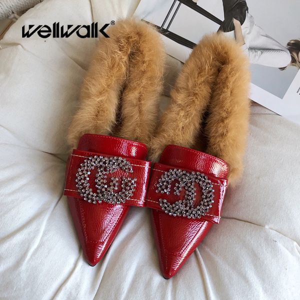 

fur pumps women wedding shoes block heels cc buckle rhinestone winter moccasins red color female furry shoes plush 2019, Black