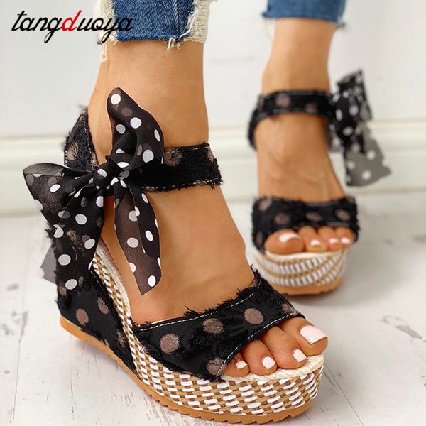 

women dot bowknot platform wedge sandals female casual high increas shoes ladies fashion ankle strap open toe sandals women, Black
