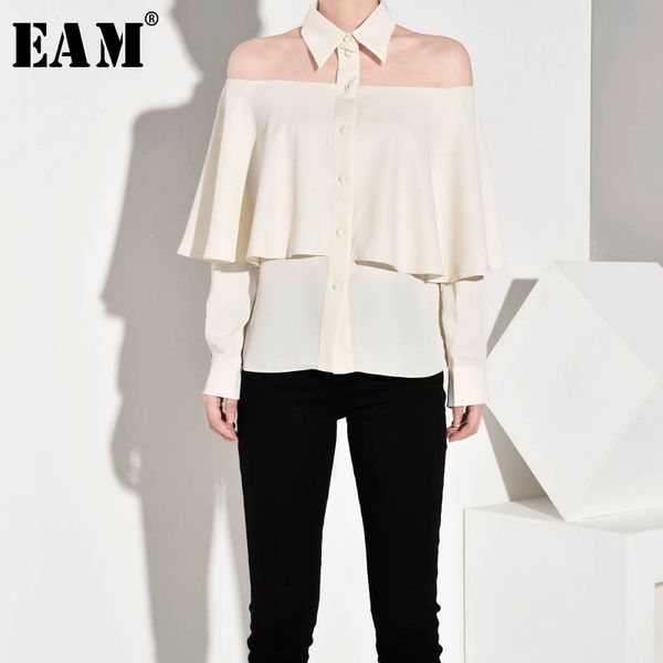 

eam] women off shoulde ruffle backless blouse new lapel long sleeve loose fit shirt fashion tide spring autumn 2019 1b1480, White