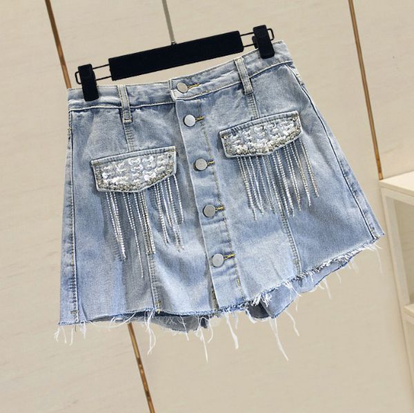 

bright sequins jeans shorts female 2019 new summer high waist holiday diamond tassel hair edge wide leg shorts student pants, Blue