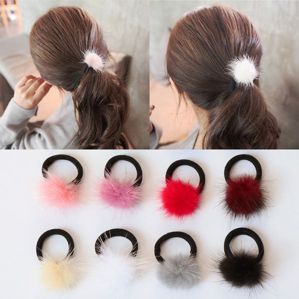 Lady Girl Faux Fur Fluffy Ball Pompon Elastic Ponytail Holder Hair