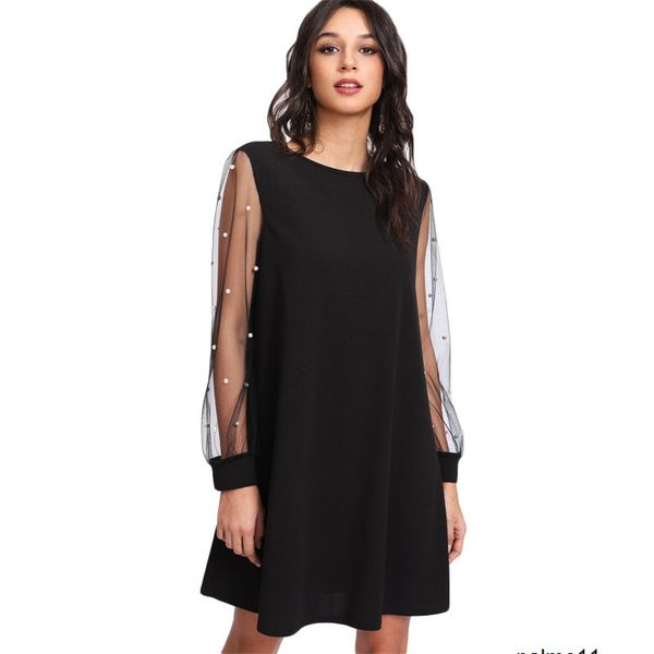 

womens designer puff sleeve mesh beaded slim dress 0hg8, Black;gray
