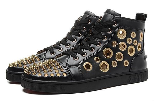 

red bottom sneakers for mens women luxury designer with gold spike hollow out flat mens shoes,man leisure trainers footwear c17, Black