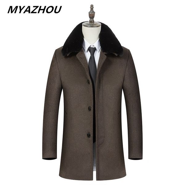 

myazhou2018 autumn and winter middle-aged wool woolen coat men send fur collar ,explosions daddy plus velvet thickening, Black