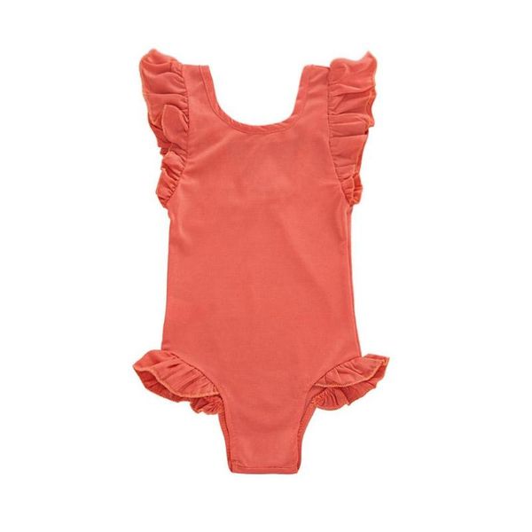 

baby girls one-piece swimsuits solid color rompers ruffle sleeve swimwear, White