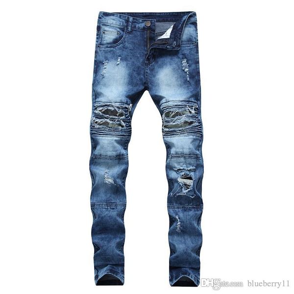 

designer men ripped jeans biker fashion slim fit denim pants joggers distressed destroyed hole trousers pants, Blue