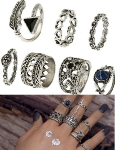 

maxi retro beach ring triangle sapphire cutout love tail ring 7 piece ring, Silver