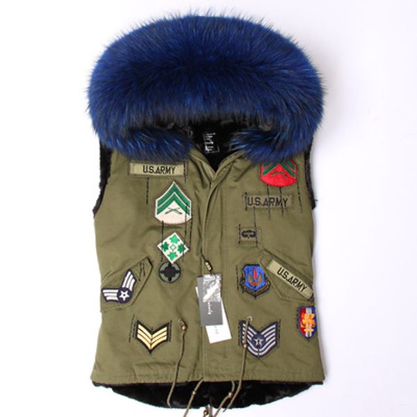 

women vest jackets blue raccoon fur trim maomaokong brand blue rabbit fur lining army green mini vest parkas with applique, Black;white