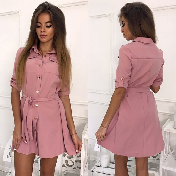 

summer dress woman clothing women casual sashes a line office dress ladies half sleeve turn down collar elegant 2019 new fashion women, Black;gray