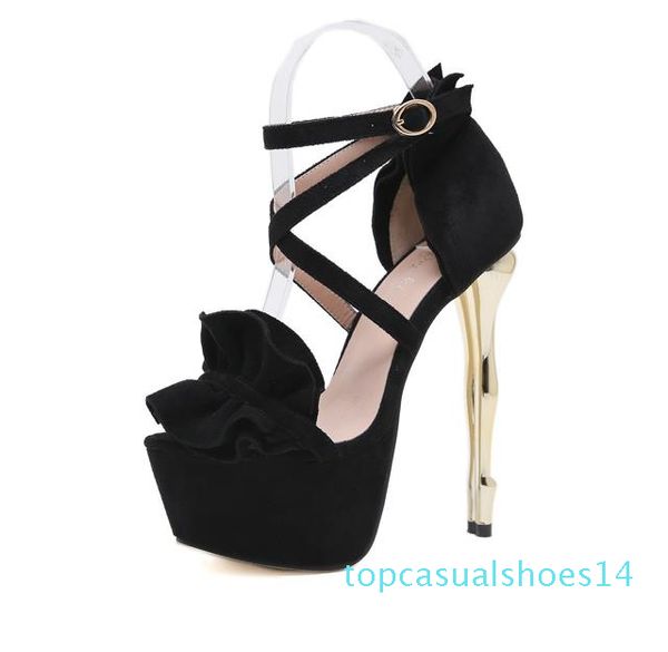 

spring 2020 black ruffles cross strappy platform ultra high heel 16cm strange heels designer pumps fashion luxury designer women shoes t14