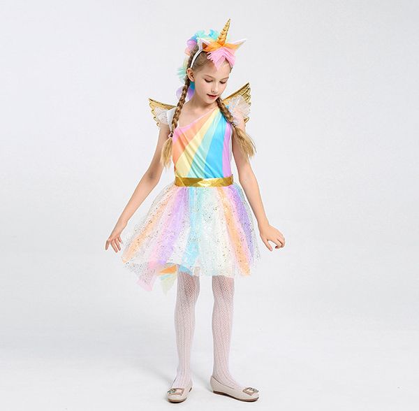 

girl unicorn dress up kids summer rainbow sequin party tutu dress girls pageant tulle cosplay costume with wing headband, Black;red