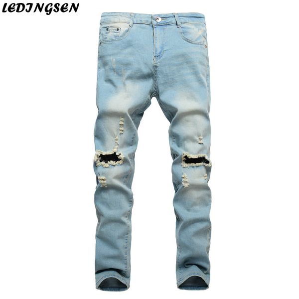 

ledingsen blue ripped jeans men skinny jeans streetwear long black trousers distressed denim pants fashion designer plus size 36