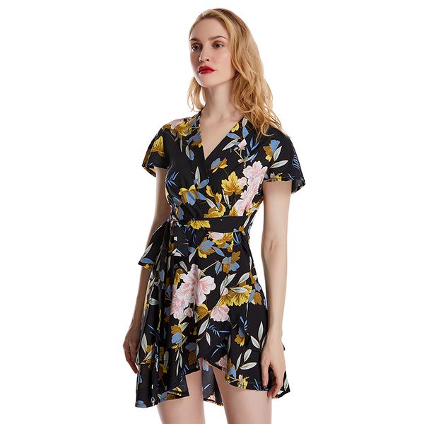 

summer black new degin women's dress v-neck short sleeve slim ruffle print beach short dress sale, Black;gray