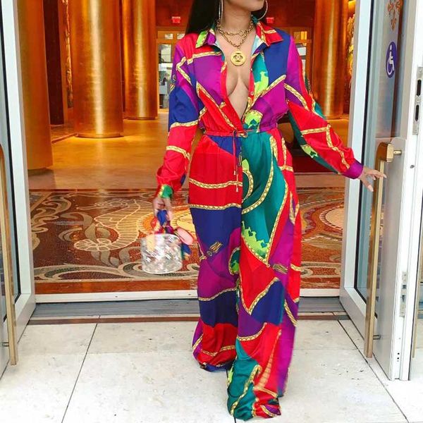 

женщины цветочные печатается с длинным рукавом turn воротник комбинезоны элегантный партии длинные комбинезоны, Black;white