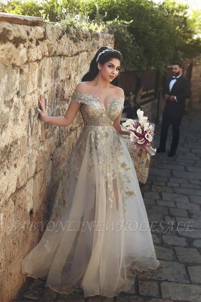

2019 vestidos de noiva casamento princess wedding dresses dubai lxury champage off sholuder sheer lace bridal gown custom made bc2082, White