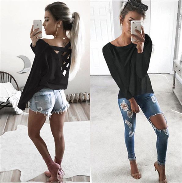 

autumn 2017 fashion women o-neck t-shirts cotton women tees back hollow out solid color loose tee shirts, White