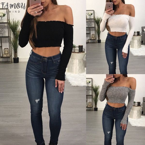 

summer loose casual shirts fashion ladies off the shoulder bodycon knittes ribbed blouse fashion women off shoulder crop, White